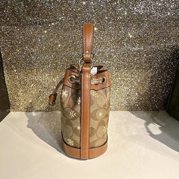 Coach CE587 Dempsey Drawstring Bucket Bag 15 With Snowflake Print Im/Khaki/Gold - Picture 5 of 9
